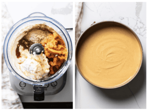 Pumpkin and spices in the food processor along with cream cheese, and the pumpkin filling poured into the springform pan.